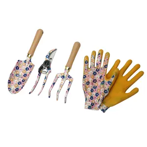 4 Pieces Printed Aluminum Alloy Gardening Balcony Planting Tool Set Spade Rake Gloves Shears With Beech Handle