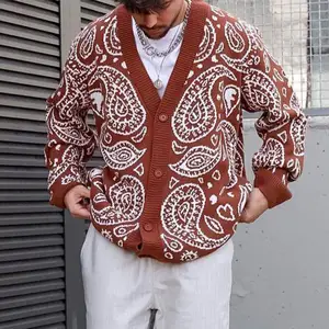 Nuovi arrivi marrone stampa uomo manica personalizzata cappotto maglia vestiti moda Cardigan lavorato a maglia maglione uomo