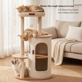 Arbre à chat en bois multi-niveaux pour intérieur, avec condo cylindrique spacieux, plateformes de saut à plusieurs hauteurs et poteaux à gratter en sisal pour chats. - Product Image 2