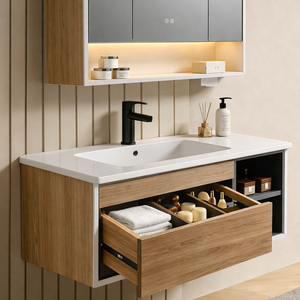 Ensemble <span class=keywords><strong>de</strong></span> meubles <span class=keywords><strong>de</strong></span> <span class=keywords><strong>salle</strong></span> <span class=keywords><strong>de</strong></span> <span class=keywords><strong>bain</strong></span> <span class=keywords><strong>de</strong></span> style moderne en gros, suspendu au mur, avec armoire miroir, rangement dissimulé et <span class=keywords><strong>étagère</strong></span> intégrée - Product Image 3
