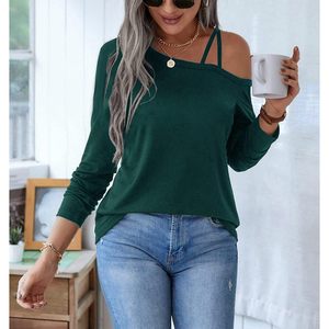 Women's Cold Shoulder Long Sleeve <b>Strappy</b> <b>Top</b> Asymmetric Tunic Casual Blouse Breathable Woven Fabric - Product Image 2