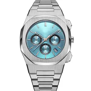 Low Moq All Rvs Ice Blue Ultra Dunne Eenvoudige Japan Beweging Waterdicht Minimalistisch Chronograaf Horloge Voor Mannen