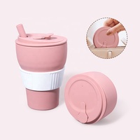 Nouveauté, tasse de boisson pliable et réutilisable, tasse à café en caoutchouc de silicone avec paille pliable, tasse avec couvercle
