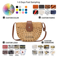 Sac bandoulière demi-lune en paille tressée pour femme, style bohème, avec rabat en cuir PU
