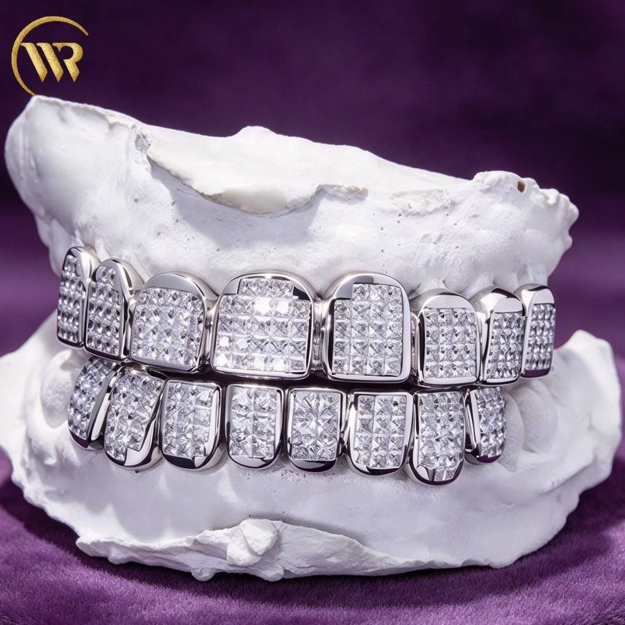 Custom Teeth Grillz Silver Grillz Invisible Set Princess Cut Moissanite ...