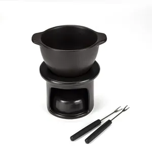 Custom Black Mini Keramische Non-Stick Kaas Chocolade Kaars Fondue Pot Plaat Set Met Vork