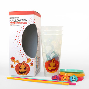 Vaso de Plástico Termocrómico con Cambio de Color de Calabaza de Halloween, Juego de 3 Vasos Novedosos con Pajita - Product Image 4