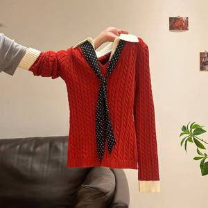 Pull en maille rouge ajusté pour femme, effet deux pièces, col polo, manches longues, couche intérieure anti-boulochage - Product Image 1