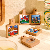 Imán de nevera 3D de dibujos animados con abridor de botellas, base de madera, pegatina para refrigerador, recuerdo turístico, regalo de viaje urbano, logotipo personalizado, venta al por mayor