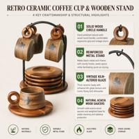 Ensemble tasse et soucoupe en céramique avec glaçure motif oiseau en vol et support en bois, hauteur 28 cm, pour présentation en café