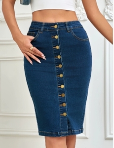2025 New Spring Summer Women's Multi-Button High-Waisted <strong>Denim</strong> Pencil <strong>Skirt</strong> - Elastic <strong>Knee</strong>-<strong>Length</strong> Slim Jeans <strong>Skirt</strong> - Product Image 3