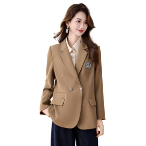 Women's Khaki Blazer Solid Color Polyester Anti-Wrinkle Casual Workwear - Product Image 5