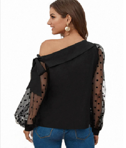 Blusa de Mujer con Estampado Floral Negro Sólido, Mangas Asimétricas, Corte Regular, Elegante, para Fiesta, Club, Uso Casual, Cómoda para Toda Temporada - Product Image 2