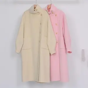 Gabardina Vintage de mezcla de lana de un solo pecho, abrigo largo de tela de lana para mujer de doble cara