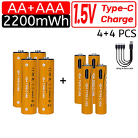 Перезаряжаемые литий-ионные батарейки Type-C AA 2200 мАч, AAA 600 мАч, 1.5В AA/AAA для часов, мышей, компьютеров, игрушек, пультов ДУ
