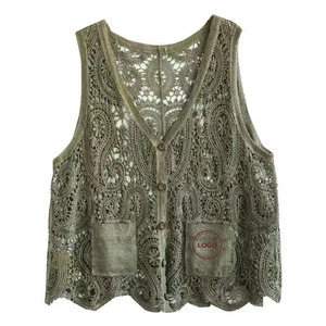 <span class=keywords><strong>Chaleco</strong></span> de <span class=keywords><strong>Mujer</strong></span> con Logotipo Personalizado, Estilo Vintage, Color Verde Salvia, Encaje de Ganchillo, Abierto con Botones, Sin Mangas, Estilo Boho Casual, Vestes para Mujeres - Product Image 1