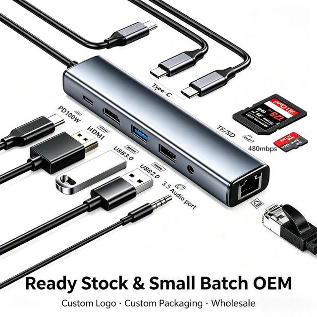 10 Port USB Hub with Multiport Dock USB 3.0 Type-C for 2.0 3.5mm Audio Jack No Plug Required Aluminum Alloy in Stock