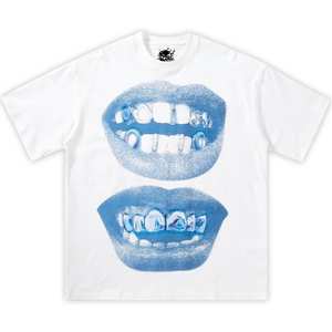 T-shirt Oversize Boxy con Stampa Blue Lips Grillz Stile Streetwear Y2K per Bambini, Manica Corta, 100% Cotone Jersey, Girocollo - Product Image 1