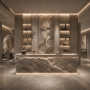 Iluminación de Diseño Moderno en Piedra Roca, Mostrador Personalizado para Cafetería y Bar, Renderizado 3D Ecológico para Decoración Interior de Restaurantes - Product Image 1