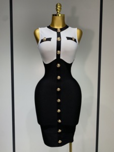 Nuovi Arrivi: Abito Aderente da Donna con Bottoni Dorati, Bianco e <span class=keywords><strong>Nero</strong></span>, <span class=keywords><strong>Elegante</strong></span> Senza Maniche per Feste - Product Image 1