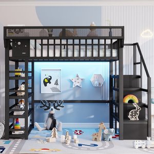 Lit mezzanine complet avec étagère de rangement et prise électrique, lit mezzanine en métal avec escalier de rangement pour enfants et adolescents, ODM/OEM disponible - Product Image 2