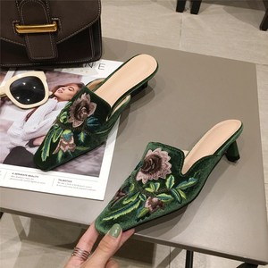 Green Velvet High Heels <b>Slippers</b> Women Floral Embroidery <b>Mules</b> Shallow Pointed Toe Heeled Fashion Loafers Outsides Woman Slides - Product Image 2