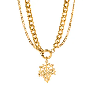 Best Selling 18k Gold Plated Stainless Steel Leaves Pendant Necklace Multilayer Titanium Steel Leaf Necklace For Party