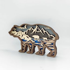 Uionen Multi-Layer Hollow Out Hand Carved Wooden Polar Bear Figurine Creative Home Decor Animal <b>Craft</b> Desktop Ornament - Product Image 3