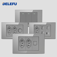 Prise murale intelligente DELEFU avec panneau en verre gris standard brésilien, interrupteur 20A 10A, prise réseau CAT6 et port USB Type-C pour recharge domestique