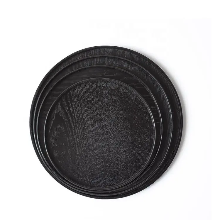 Hot sale hotel restaurant round black wooden plate tray cheap wood tray tea serving