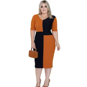 R12628S Big Size L-4XL Spring women's five point sleeve stitching plus size dress