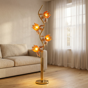 Lampe sur pied en forme de fleur de lotus à 4 têtes, poteau en métal doré en forme de S, abat-jour en acrylique, lumière LED chaude pour salon, chambre à coucher, décoration de la maison - Product Image 1