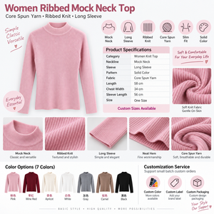 Individuelles Logo OEM ODM Damen Mock Neck Langarm Strickoberteil Gerippter Slim Fit Pullover Einfarbig Layering Leicht Dehnbarer <span class=keywords><strong>Sweater</strong></span> - Product Image 4