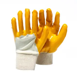 纯棉针织衬里3/4涂有黄色光滑丁腈工作手套防水