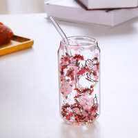 Mug en verre borosilicate soufflé à la main à double paroi avec intercouche de fleurs séchées, résistant à la chaleur, capacité 300 ml pour café et boissons froides
