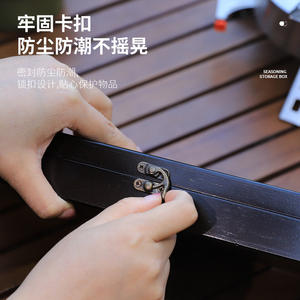 Caja de condimentos retro de madera con 10 tarros de vidrio y bisagra de latón para uso en camping y exteriores, diseño rectangular vertical. - Product Image 1