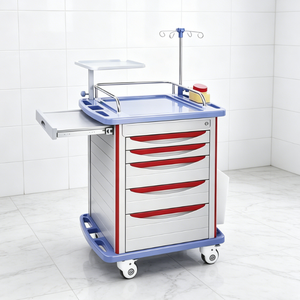 Table d'hôpital de haute qualité en acier inoxydable, plateau concave double couche, 48 compartiments par tiroir, 5 tiroirs, 4 roulettes, design moderne, sécurisée - Product Image 2