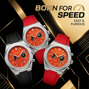 Montre chronographe sport pour homme BESSERON, boîtier en acier inoxydable, bracelet en silicone rouge, mouvement à quartz analogique 42 mm - Product Image 2