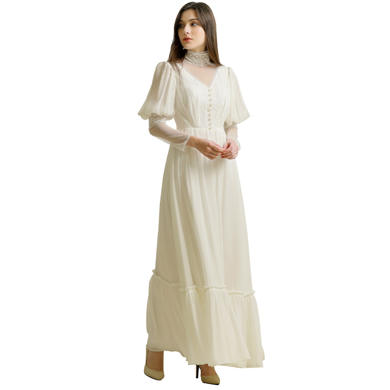FANWEIMEI#4072 IN STOCK REAL PICTURE Vintage Victorian Long Sleeve High Neck Ankle Length Lace Party Wedding Dress Gown