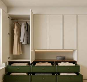 Armoire moderne sur mesure pour toute la maison |   Armoire encastrée beige + tiroirs verts |   Meubles de rangement de haute qualité pour chambre à coucher - Product Image 5