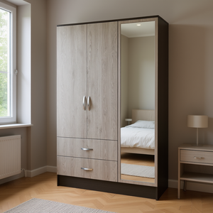 Gangi Double Door <b>Wardrobe</b> <b>Mirrored</b> Armoire 2 Drawers 4 Shelves Wood Modern Bedroom Furniture - Product Image 2