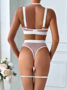 Ensemble de lingerie sexy en maille ajourée avec soutien-gorge, culotte taille haute, collerette et anneaux de jambe – Ensemble quatre pièces pour femme - Product Image 6