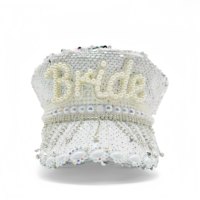 En stock – Chapeau de capitaine de luxe blanc à sequins et perles pour femme, idéal pour le festival Burning Man, avec strass et pompons, personnalisable pour mariages et fêtes