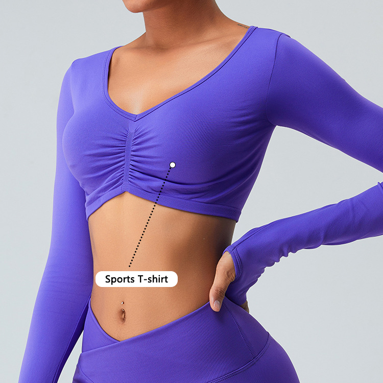 Wholesale Long Sleeve Yoga Top Mujer Front Pleated Design Winter Gym Wear Ladies Sport Running Compression Shirts Workout Top