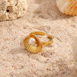 Pendientes de Acero Inoxidable con Incrustaciones de Textura de Concha y Perlas Múltiples, Estilo Oceánico, Chapados en Oro <span class=keywords><strong>Real</strong></span> de 18k, Resistentes al Agua - Product Image 4