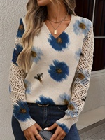 Pull en maille respirant 100 % polyester pour femme, motif floral style aquarelle, col en V, manches longues, maille ajourée, patchwork numérique, collection Printemps 2026