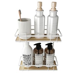 Étagère d'angle murale moderne en bois et acier pour douche, sans perçage, 2 niveaux, en métal, pour cuisine/salle de bain - Product Image 5