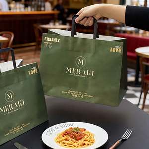 Custom Logo Eco-Friendly Disposable <b>Biodegradable</b> Recyclable Kraft <b>Paper</b> Food Takeout Bag Flat Handle for Restaurant Delivery - Product Image 4