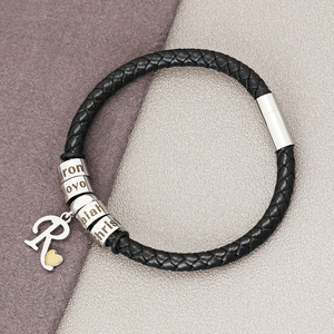Personalized Engravable Leather Braided <b>Bracelet</b> with Customizable Stainless Steel Round Charm for <b>Men</b> | Choose Any Alphabet - Product Image 5