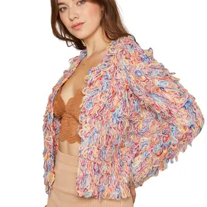 Cardigan de malha com gancho de mão para mulheres, blusa de malha com desenho colorido e grosso, moda inverno de alta qualidade personalizada